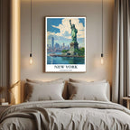 A curated art gallery wall that includes the framed New York illustration, showcasing a creative and personalized collection of prints.