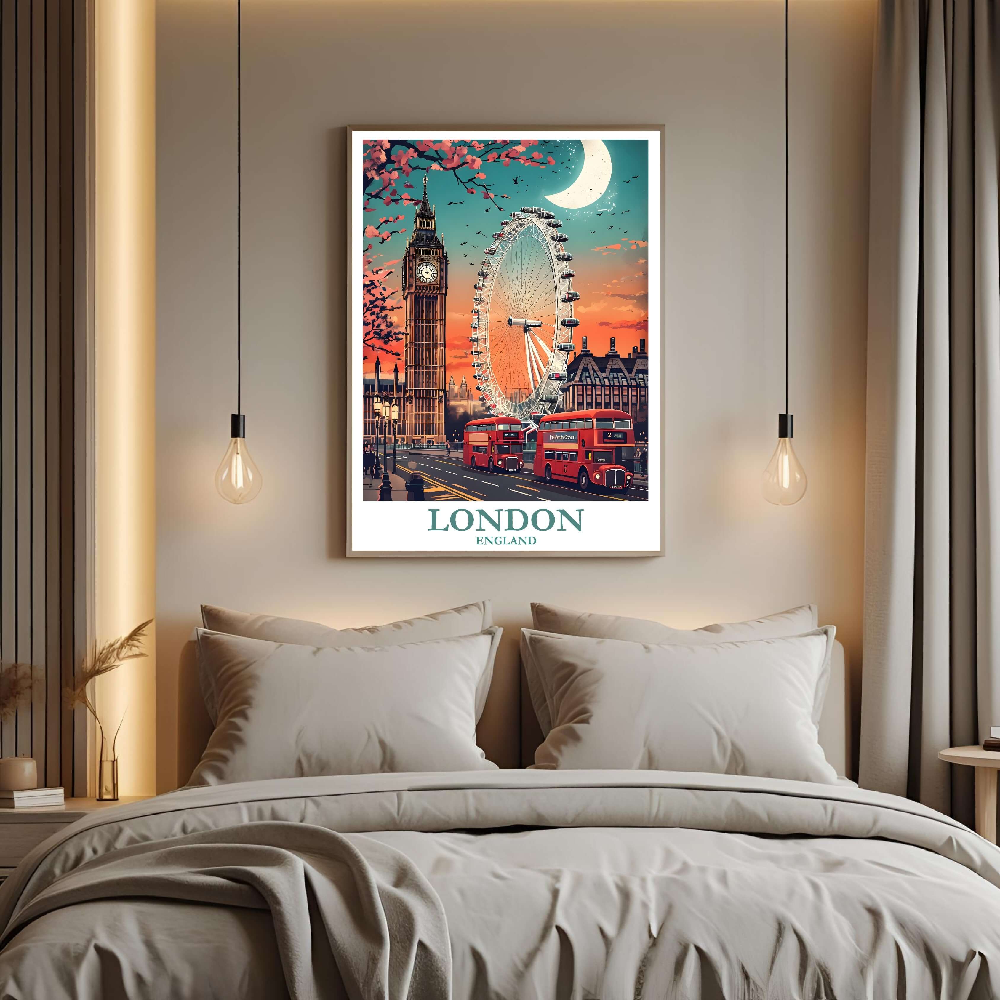 A curated art gallery wall that includes the framed London illustration, showcasing a creative and personalized collection of prints.