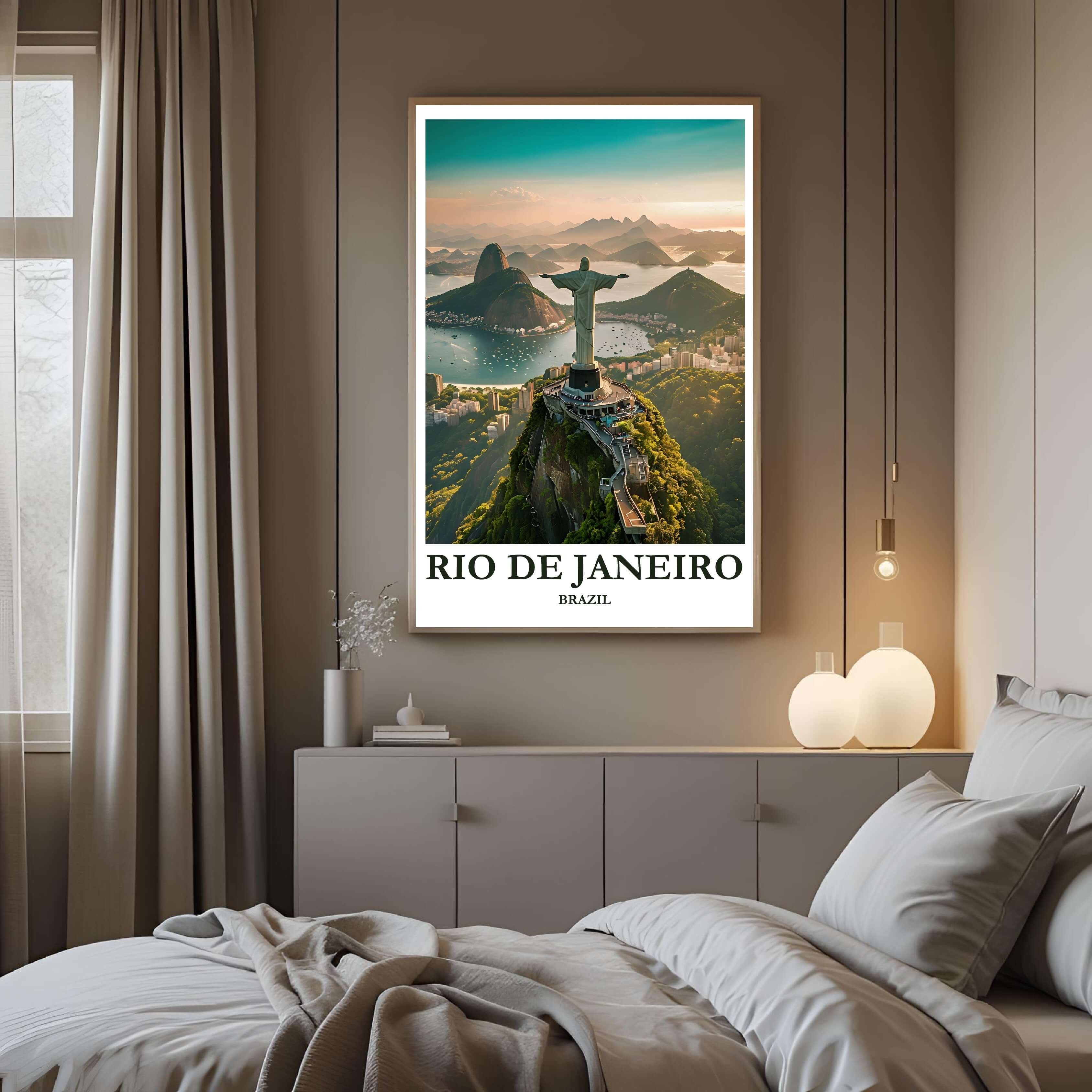 A curated art gallery wall that includes the framed Rio de Janeiro print, showcasing a collection of iconic world destinations.