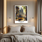 A curated art gallery wall that includes the framed Prague illustration, showcasing a creative and personalized collection of European prints.