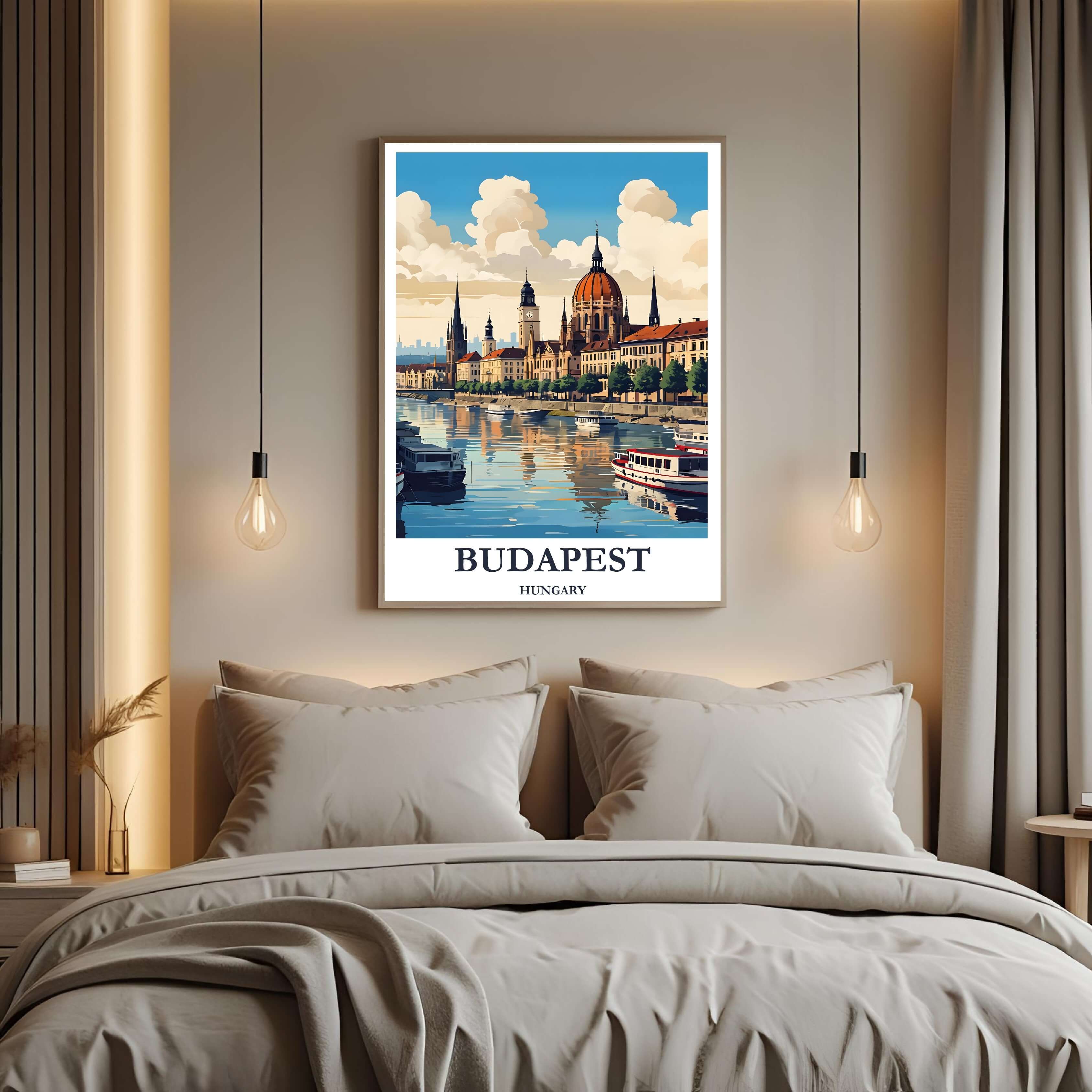 A curated art gallery wall that includes the framed Budapest illustration, showcasing a creative and personalized collection of prints.