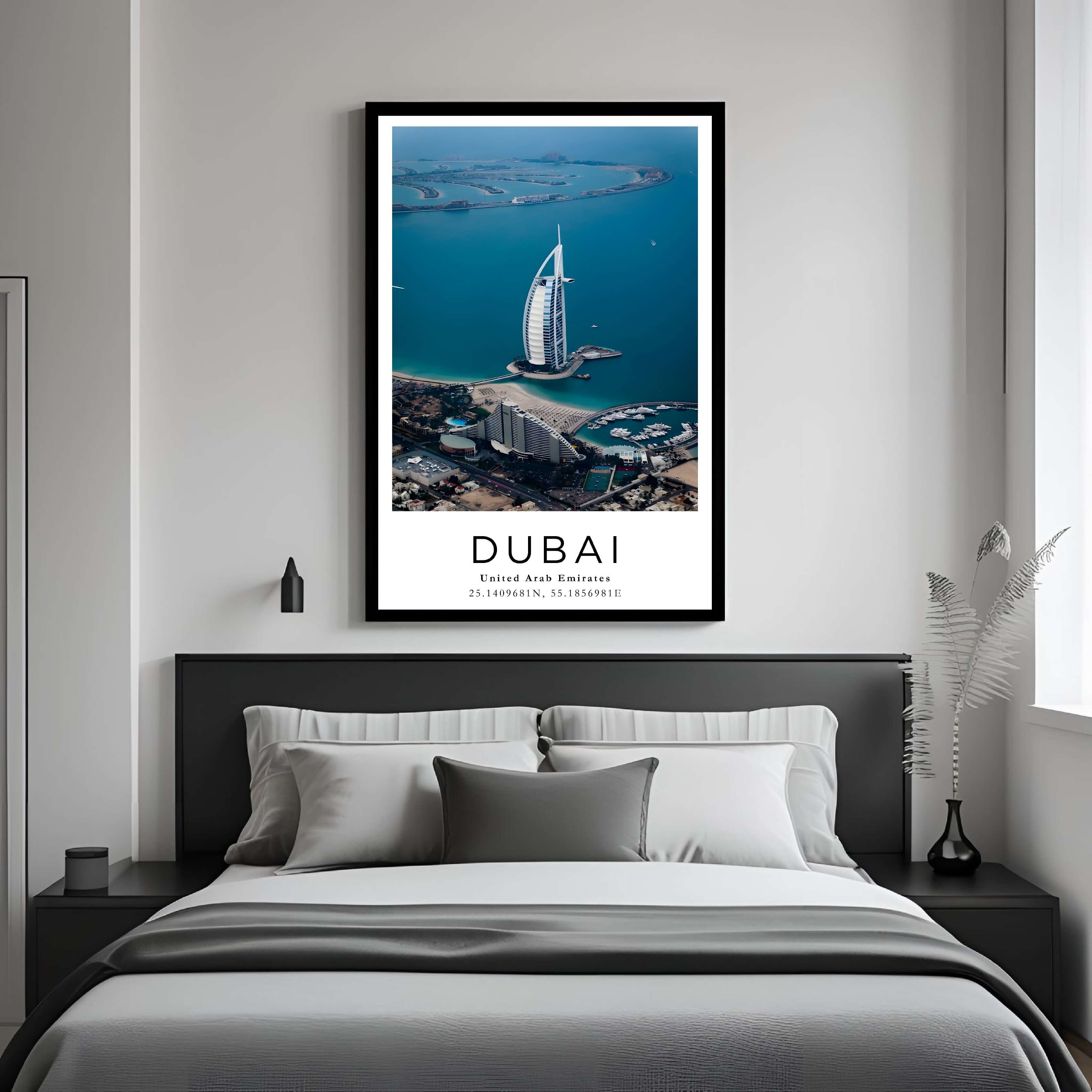 A gallery wall featuring a framed Dubai poster alongside other art prints, creating a curated and artistic display.