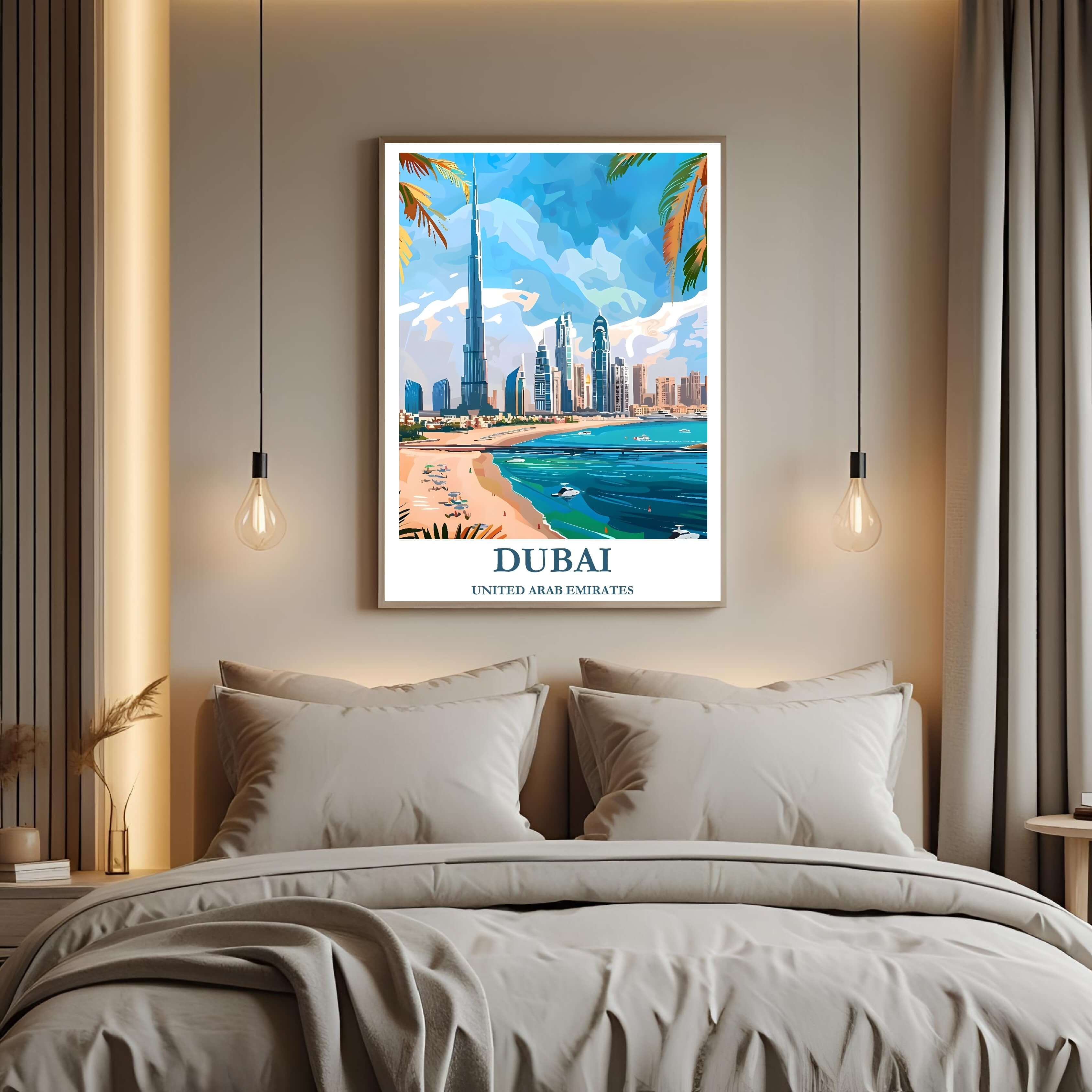 A curated art gallery wall that includes the framed Dubai illustration, showcasing a creative and personalized collection of prints.