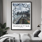 A curated art gallery wall that includes a framed Manhattan poster, showcasing a creative and personalized collection of prints.