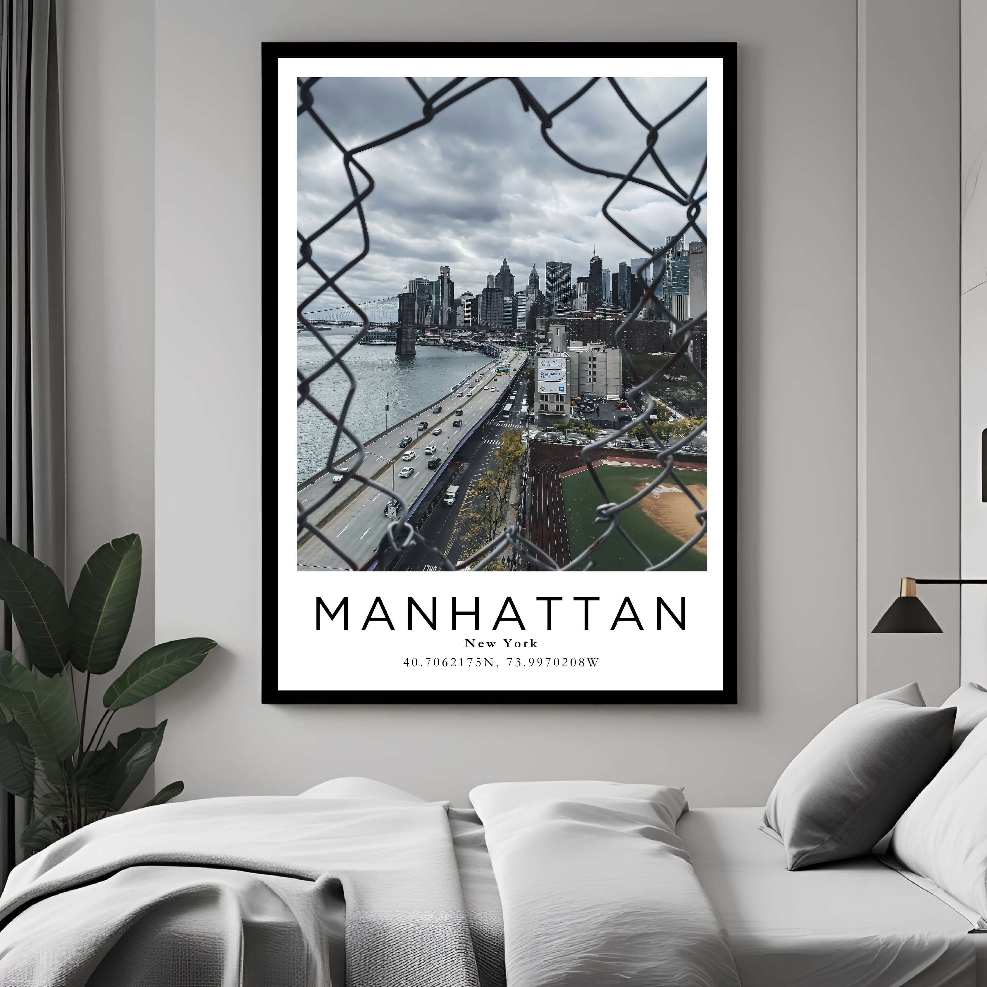 A curated art gallery wall that includes a framed Manhattan poster, showcasing a creative and personalized collection of prints.