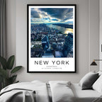 A curated art gallery wall that includes a framed New York poster, showcasing a creative and personalized collection of prints.