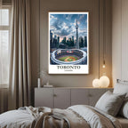 A curated art gallery wall that includes the framed Toronto print, showcasing a collection of major North American city skylines.