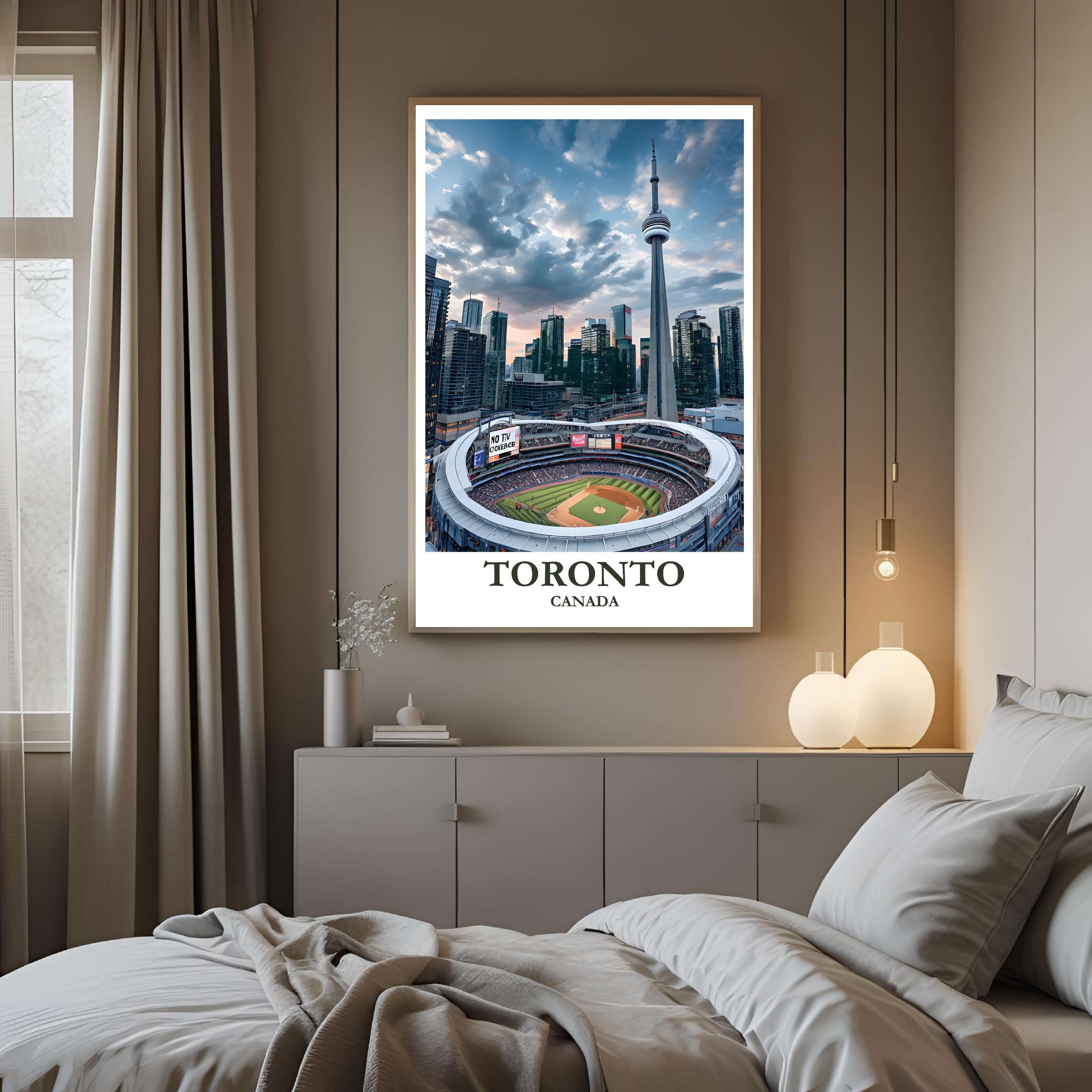 A curated art gallery wall that includes the framed Toronto print, showcasing a collection of major North American city skylines.