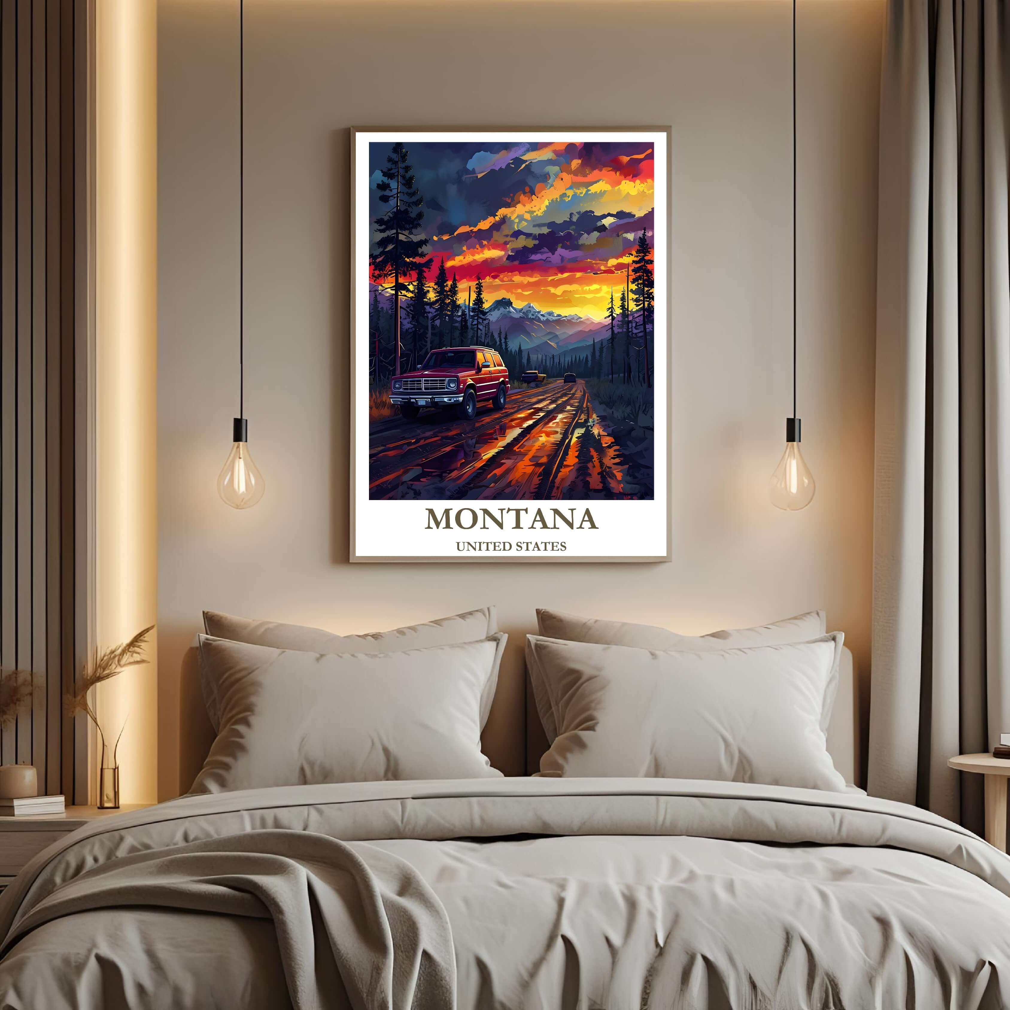 A curated art gallery wall that includes the framed Montana illustration, showcasing a creative and personalized collection of prints.