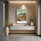 A curated art gallery wall that includes the framed Waikiki print, showcasing a collection of iconic Pacific and coastal travel spots.