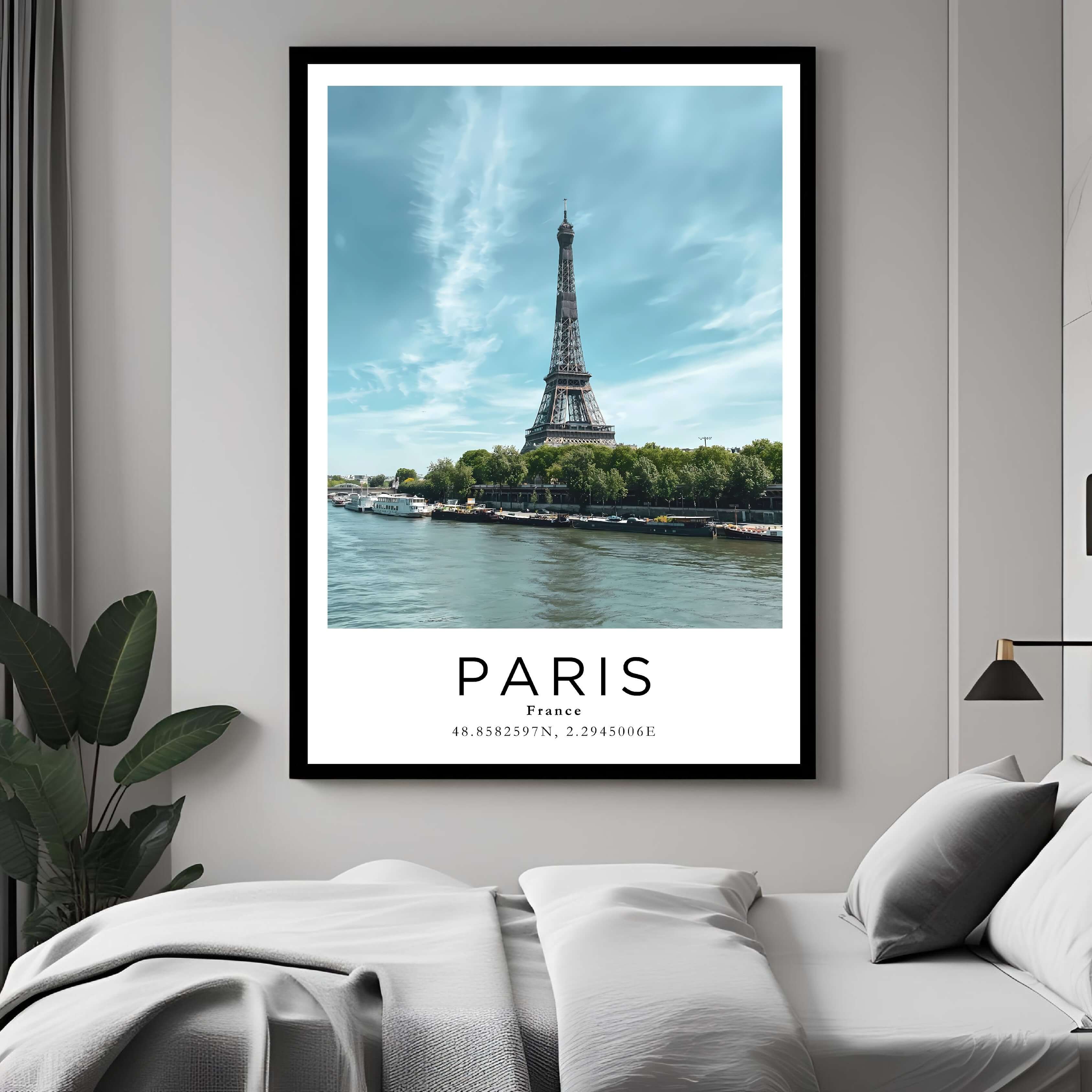 A curated art gallery wall that includes a framed Paris poster, showcasing a creative and personalized collection of prints.