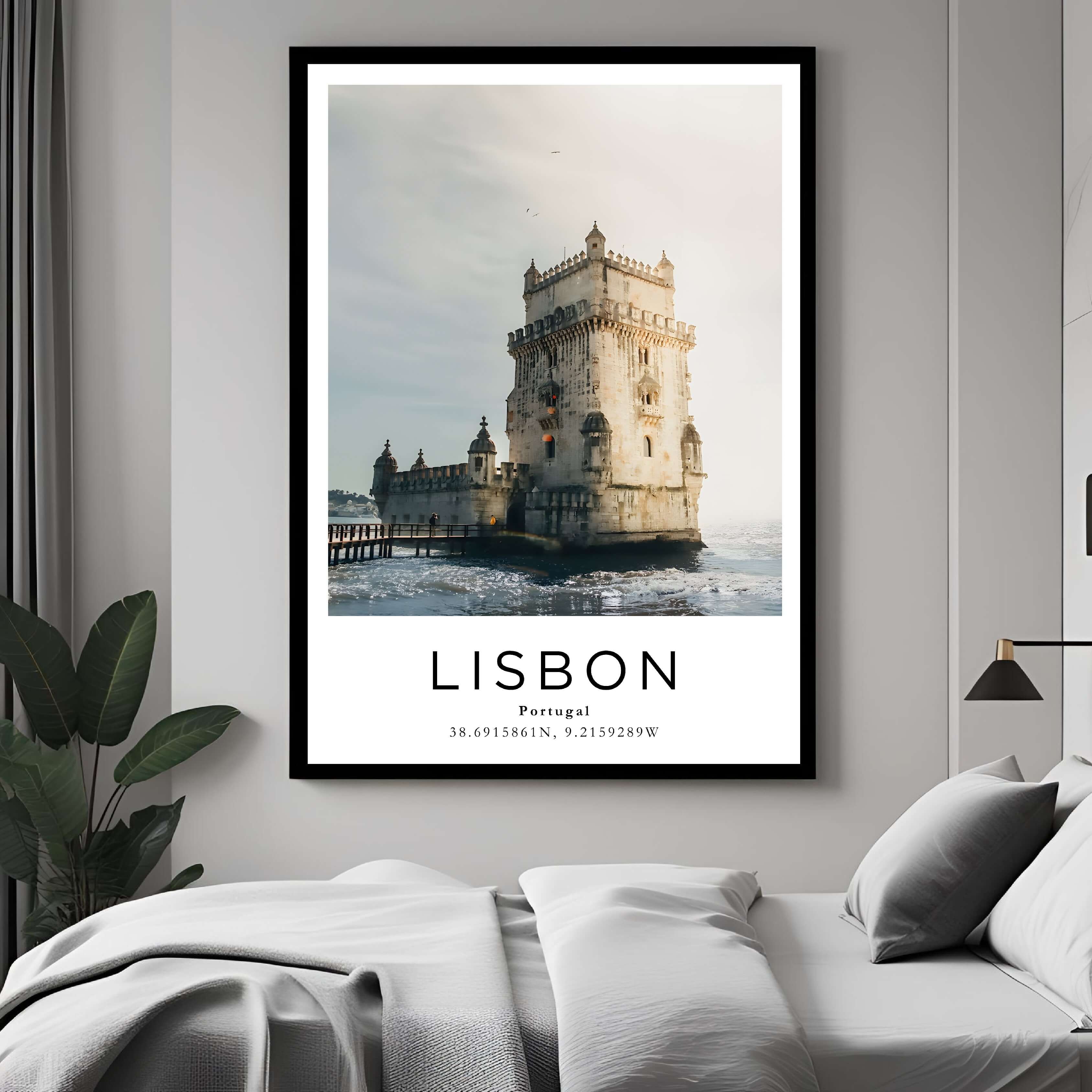 A curated art gallery wall that includes a framed Lisbon poster, showcasing a creative and personalized collection of prints.