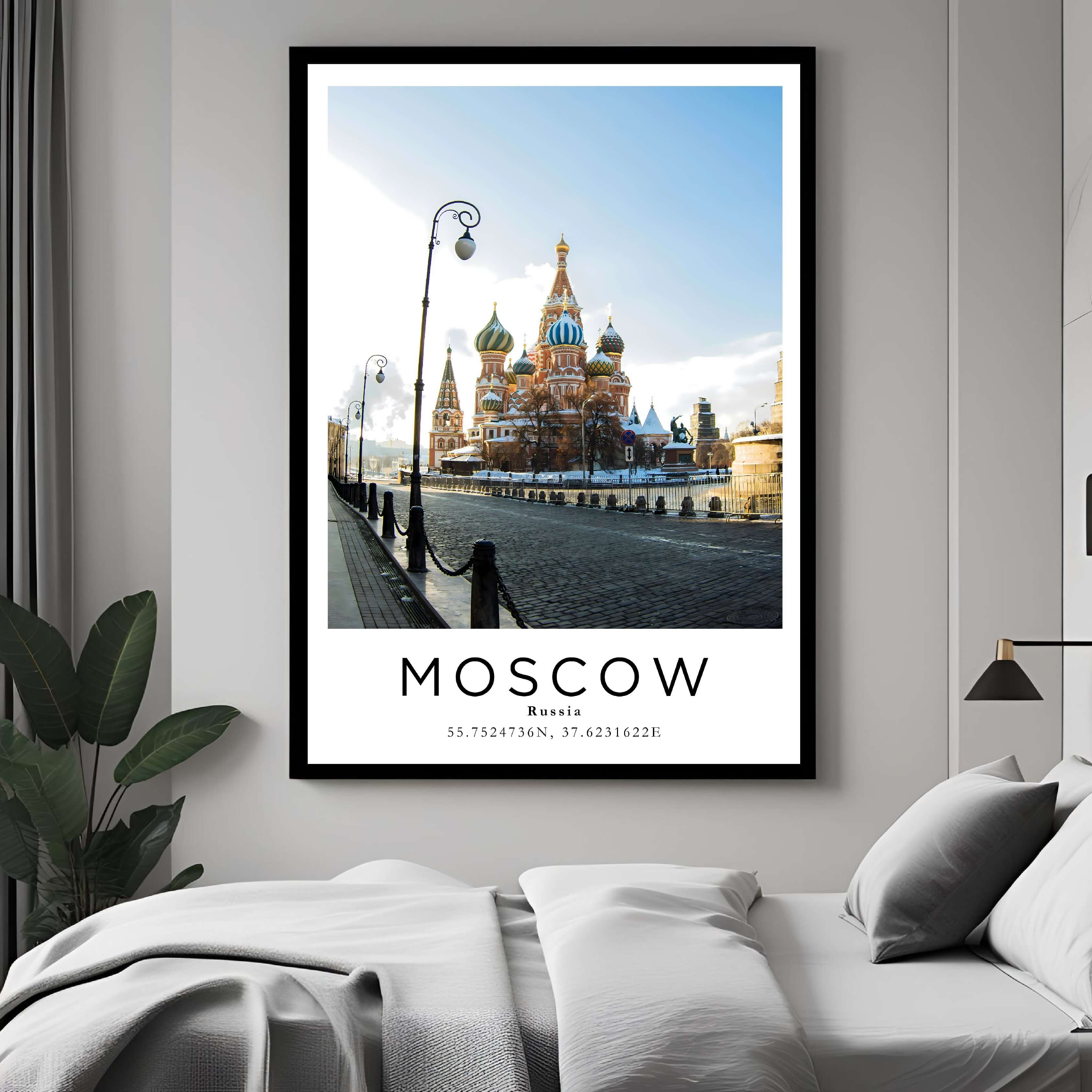 A curated art gallery wall that includes a framed Moscow poster, showcasing a creative and personalized collection of prints.