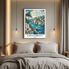A curated art gallery wall that includes the framed Costa Brava illustration, showcasing a creative and personalized collection of prints.