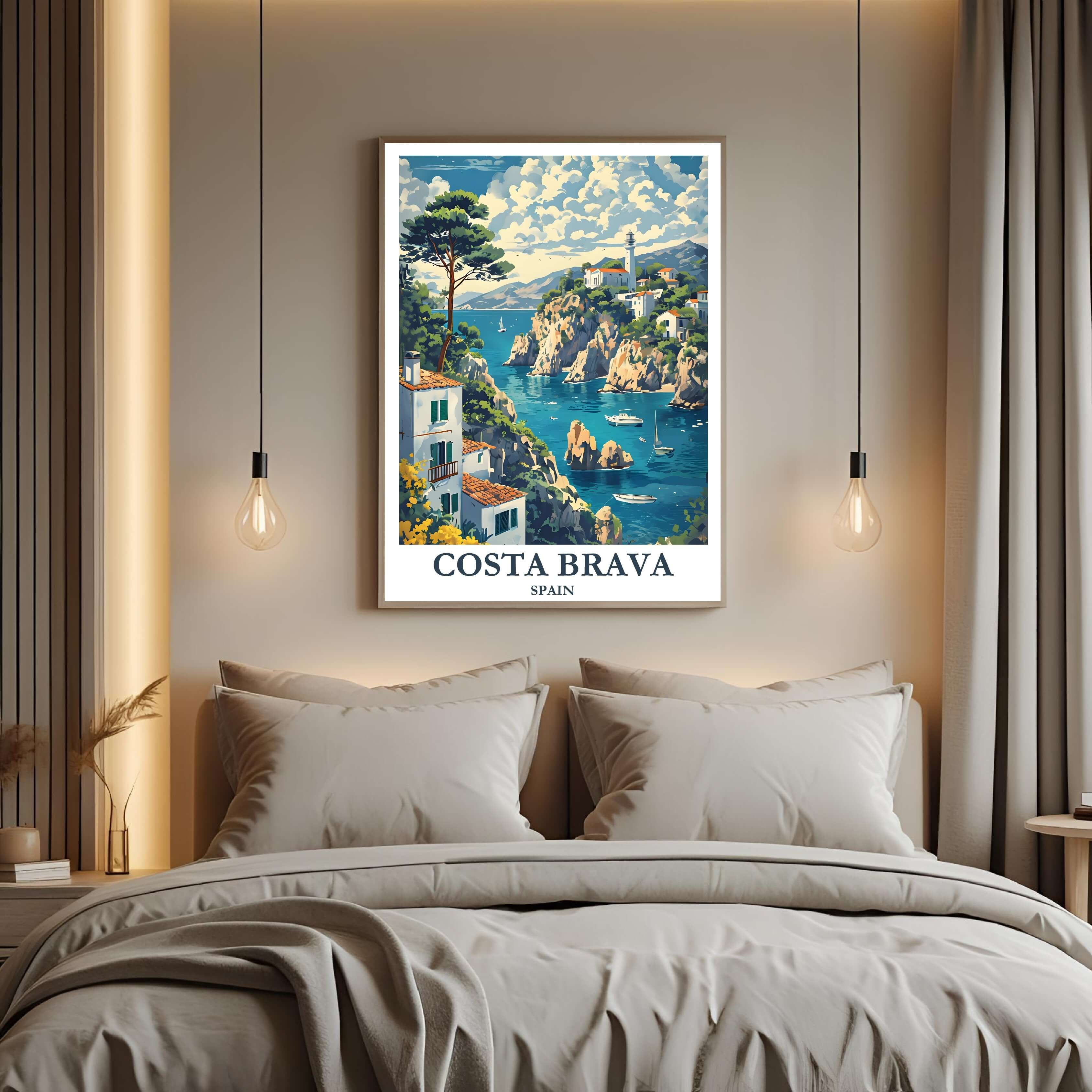 A curated art gallery wall that includes the framed Costa Brava illustration, showcasing a creative and personalized collection of prints.