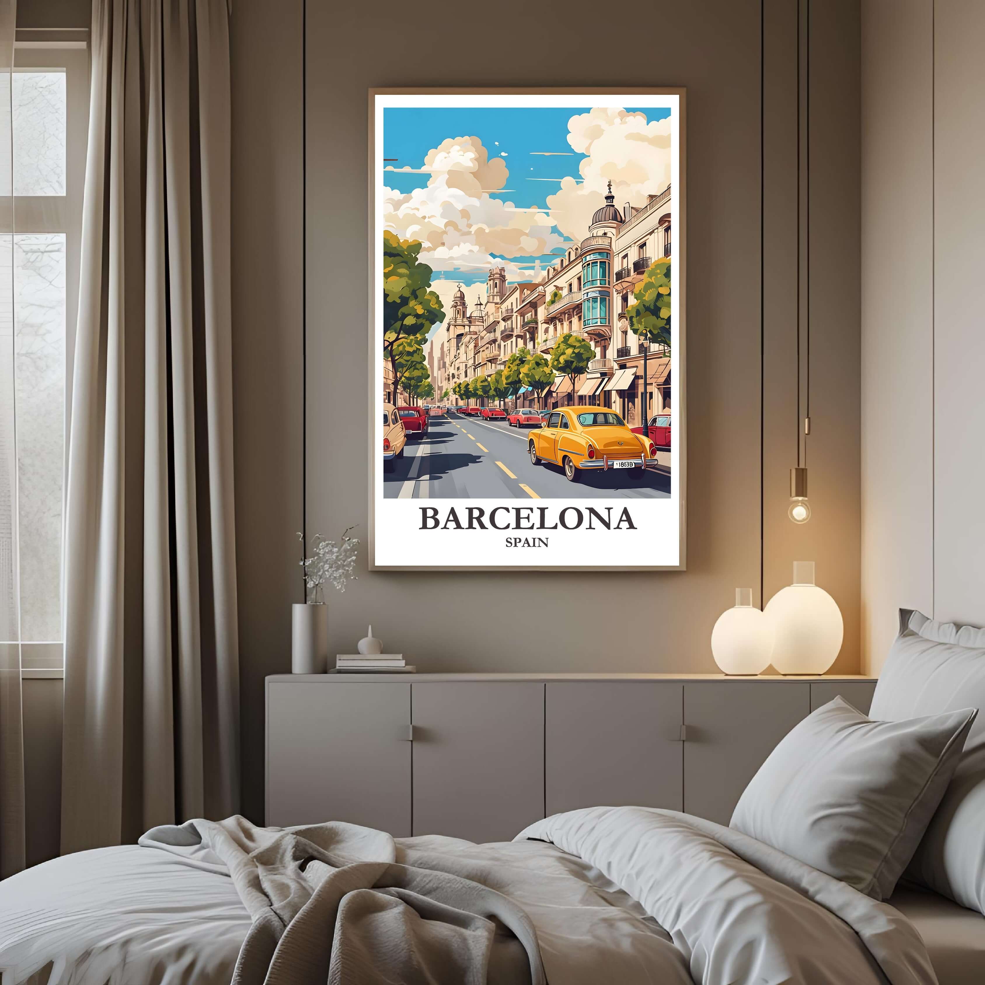 A curated art gallery wall that includes the framed Barcelona illustration, showcasing a creative and personalized collection of prints.