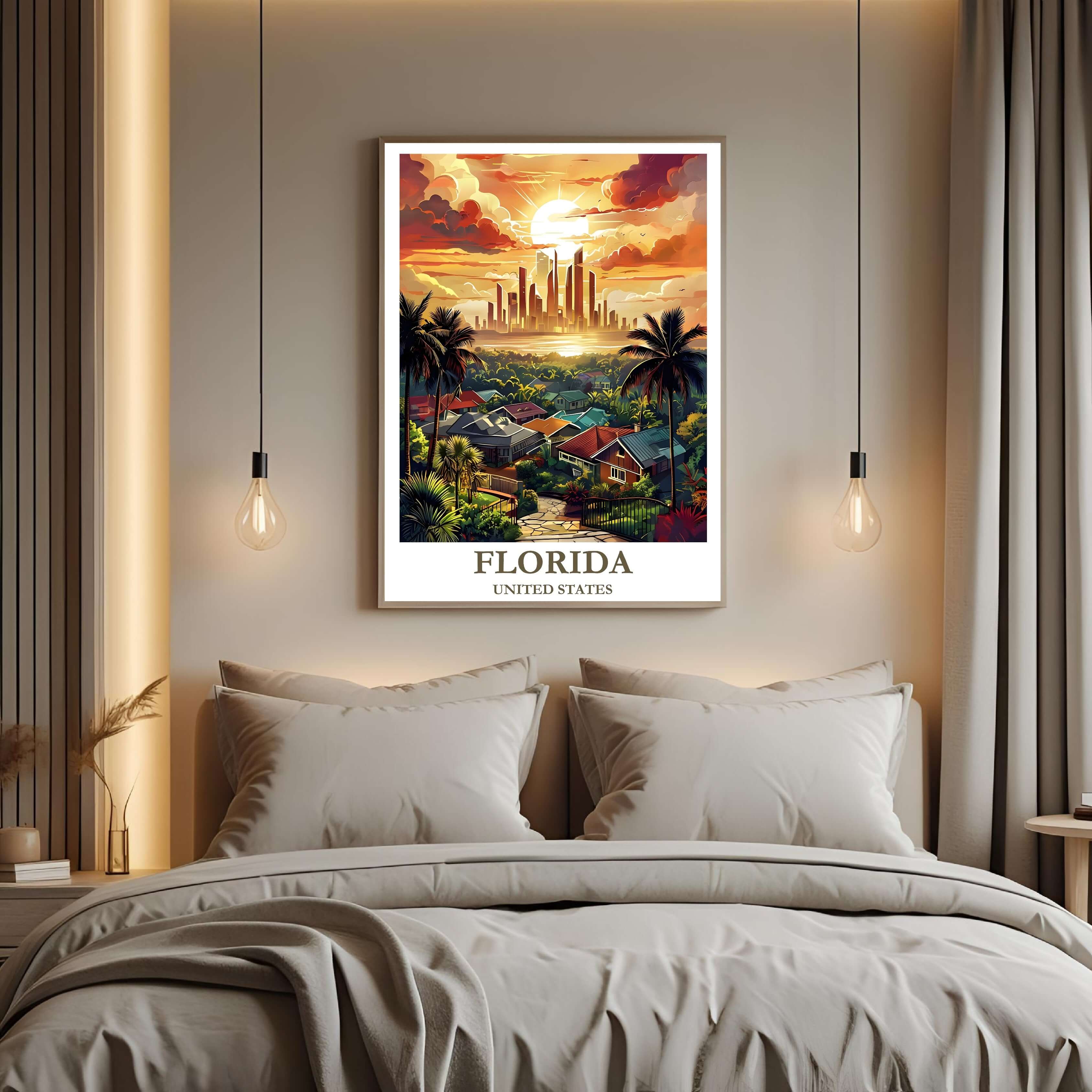 A curated art gallery wall that includes the framed Florida illustration, showcasing a creative and personalized collection of prints.