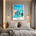A curated art gallery wall that includes the framed Miami illustration, showcasing a creative and personalized collection of prints.