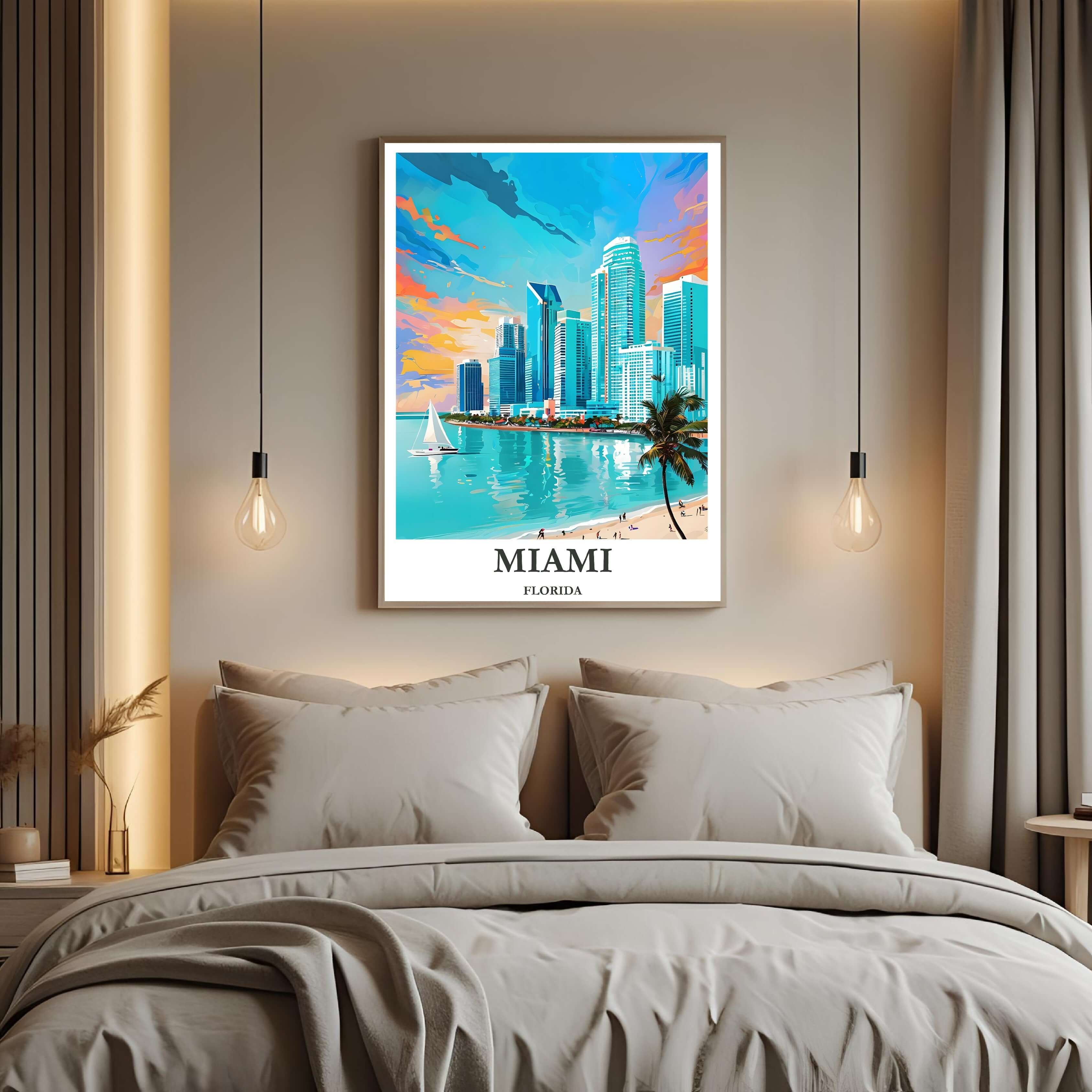 A curated art gallery wall that includes the framed Miami illustration, showcasing a creative and personalized collection of prints.