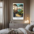 A curated art gallery wall that includes the framed San Francisco print, showcasing a collection of iconic American landmarks.