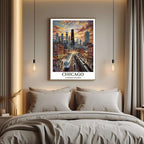 A curated art gallery wall that includes the framed Chicago illustration, showcasing a creative and personalized collection of prints.