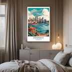 A curated art gallery wall that includes the framed Sydney print, showcasing a collection of iconic world cities and landmarks.