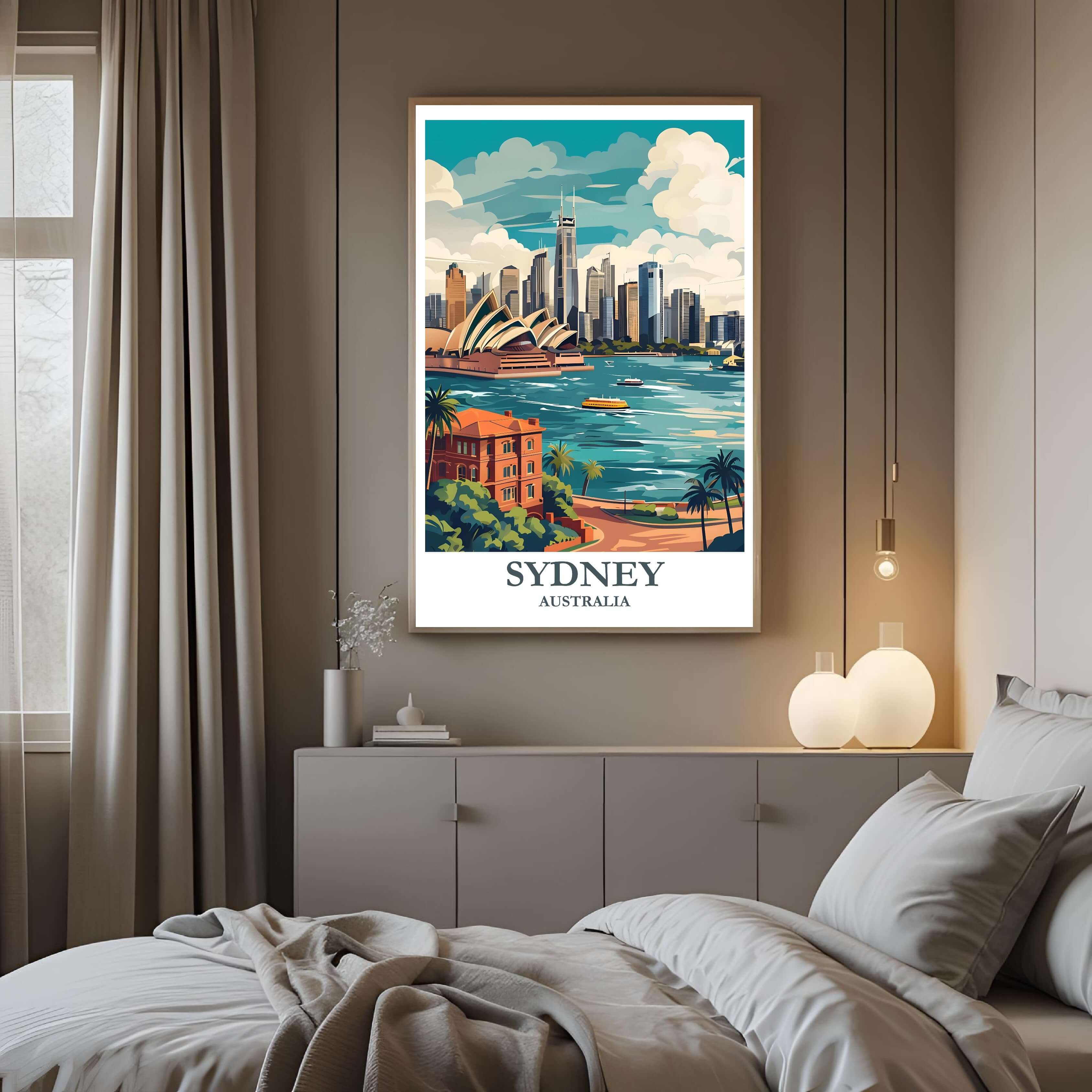 A curated art gallery wall that includes the framed Sydney print, showcasing a collection of iconic world cities and landmarks.