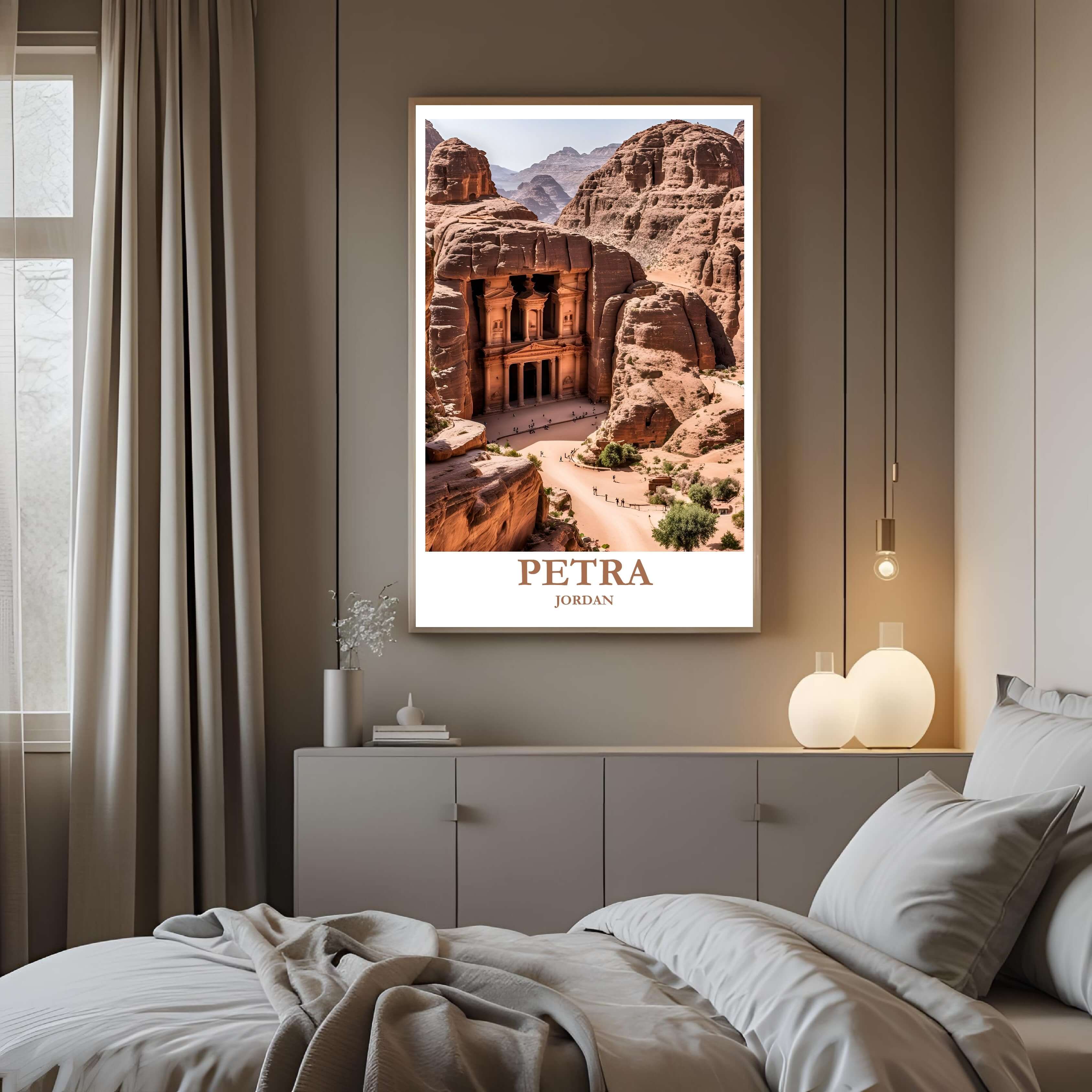 A curated art gallery wall that includes the framed Petra print, showcasing a collection of global travel and history.