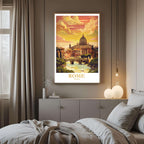 A curated art gallery wall that includes the framed Rome illustration, showcasing a collection of global travel and architectural prints.