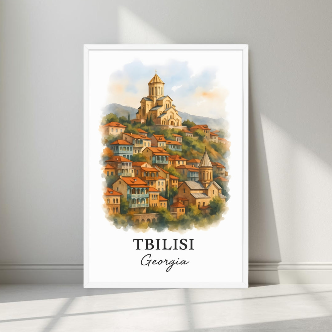 Watercolor-style print of the cascading Tbilisi houses and Narikala Fortress in a minimalist white frame. Captures the serene, cultural history of Georgia.