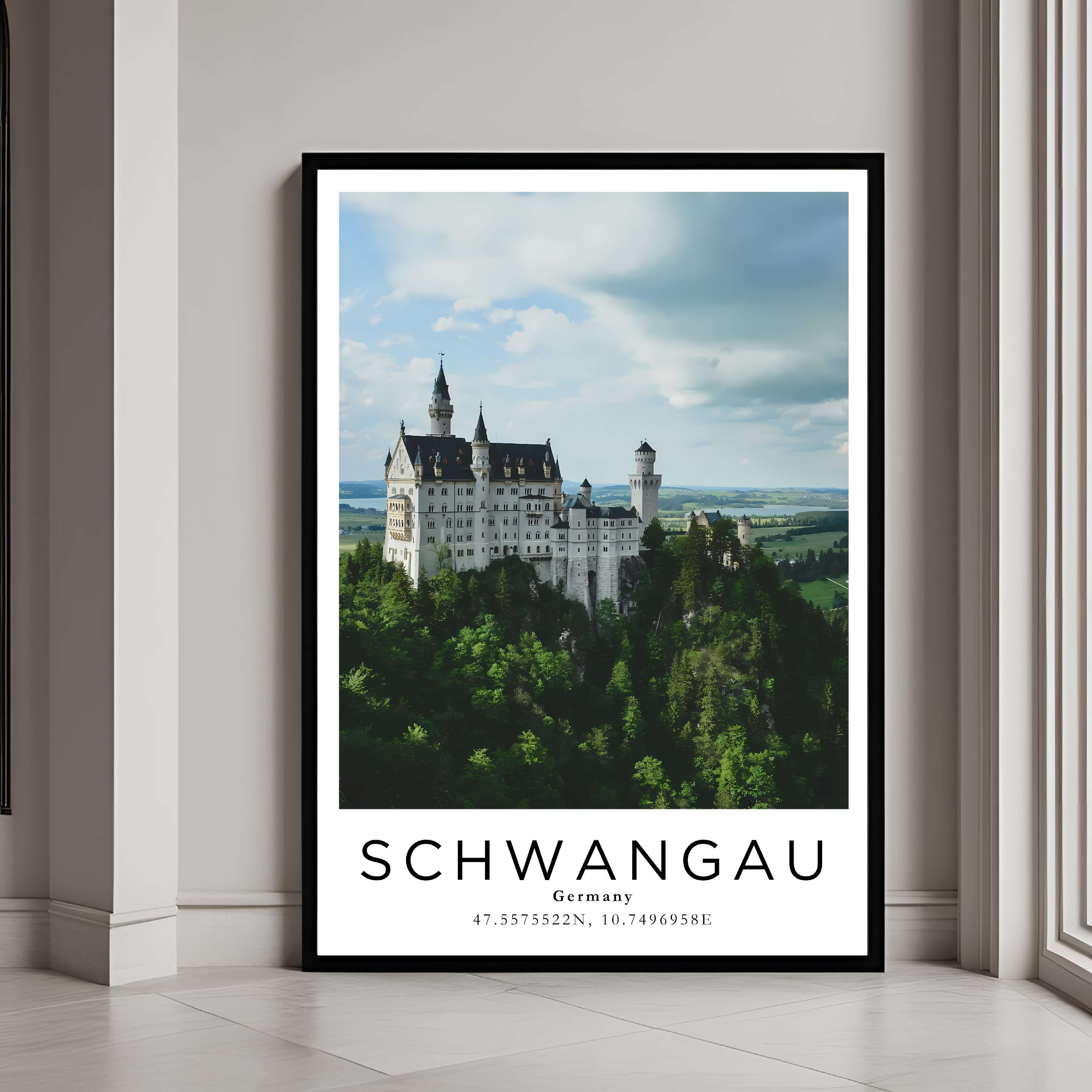 A framed art print of the fairytale-like German castle with a classic black frame, adding a sleek and elegant touch to home decor.