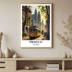 A framed art print depicting the vibrant, golden light on a Prague street view, styled to complement a sophisticated, elegance-focused interior.