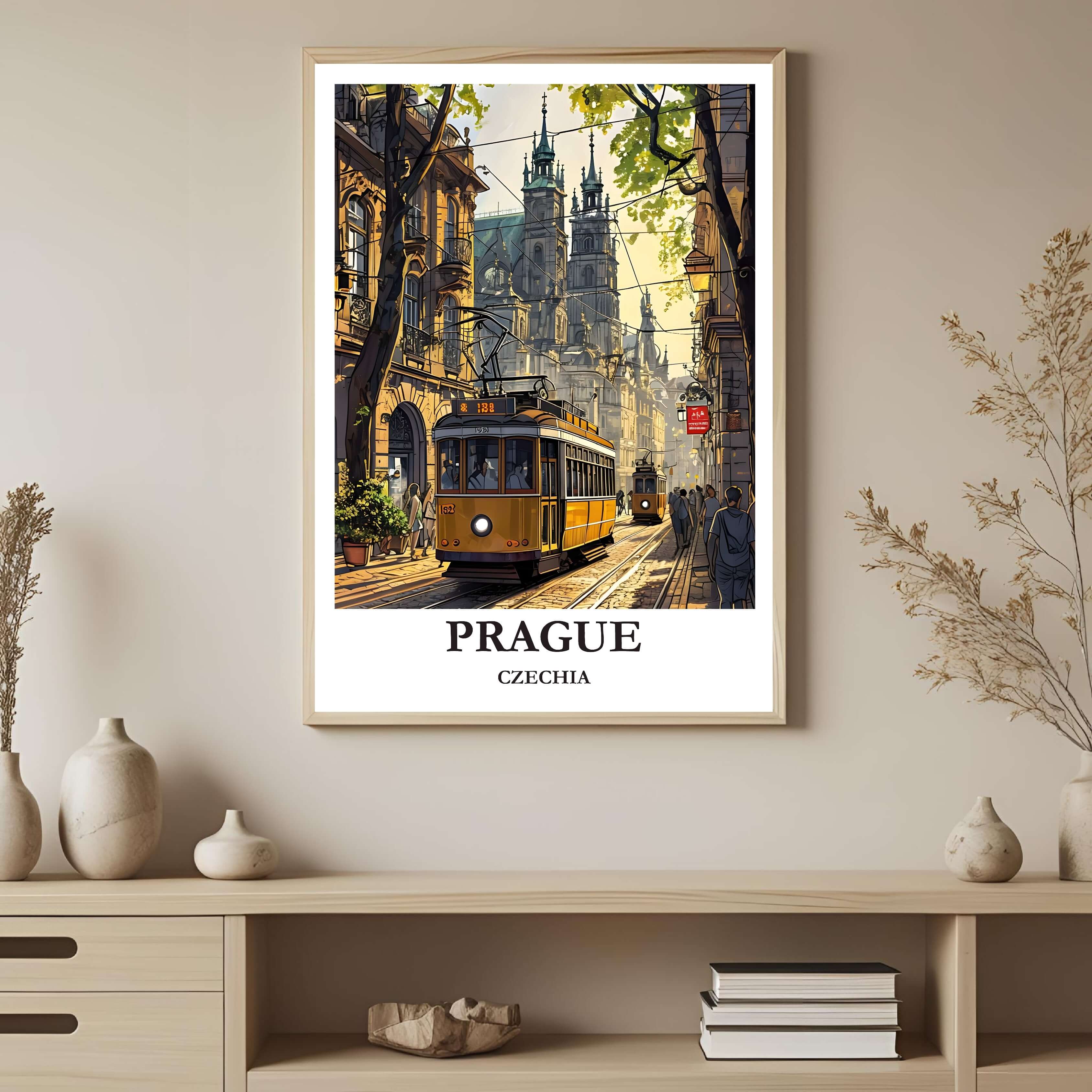 A framed art print depicting the vibrant, golden light on a Prague street view, styled to complement a sophisticated, elegance-focused interior.