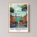 A framed illustration of the San Francisco view with a rustic red oak wood frame, highlighting the warm tones of the brick buildings and the red bridge.