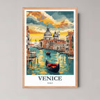 A framed illustration of the Venetian canal with a rustic red oak wood frame, highlighting the warm, rich tones of the old European architecture.