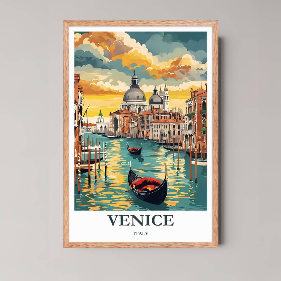 A framed illustration of the Venetian canal with a rustic red oak wood frame, highlighting the warm, rich tones of the old European architecture.