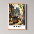 A framed illustration of the Prague scene with a rustic red oak wood frame, highlighting the warm street lighting and autumn colors.