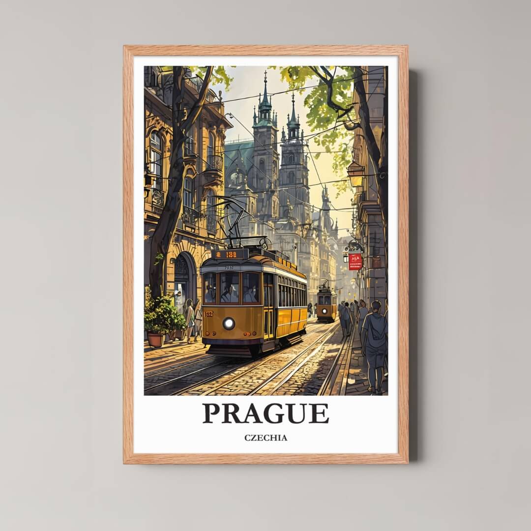 A framed illustration of the Prague scene with a rustic red oak wood frame, highlighting the warm street lighting and autumn colors.