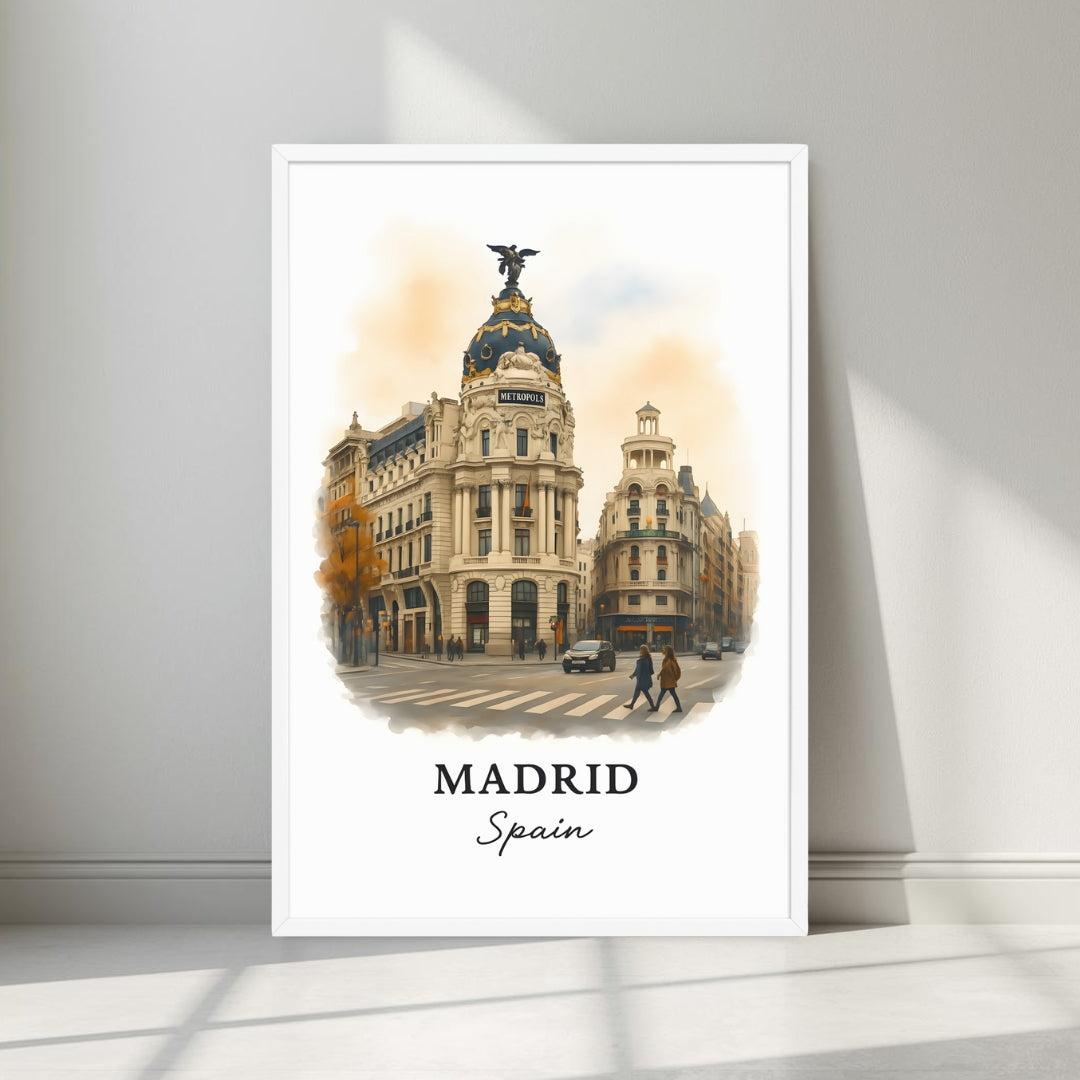 Watercolor-style print of the bustling Madrid cityscape and its neoclassical buildings in a minimalist white frame. Captures the cosmopolitan energy of Spain's capital.