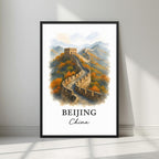 Framed art print of the majestic Great Wall of China winding through mountains in a sleek black Ayous wood frame. Ideal for luxury Asian or historical wall decor.