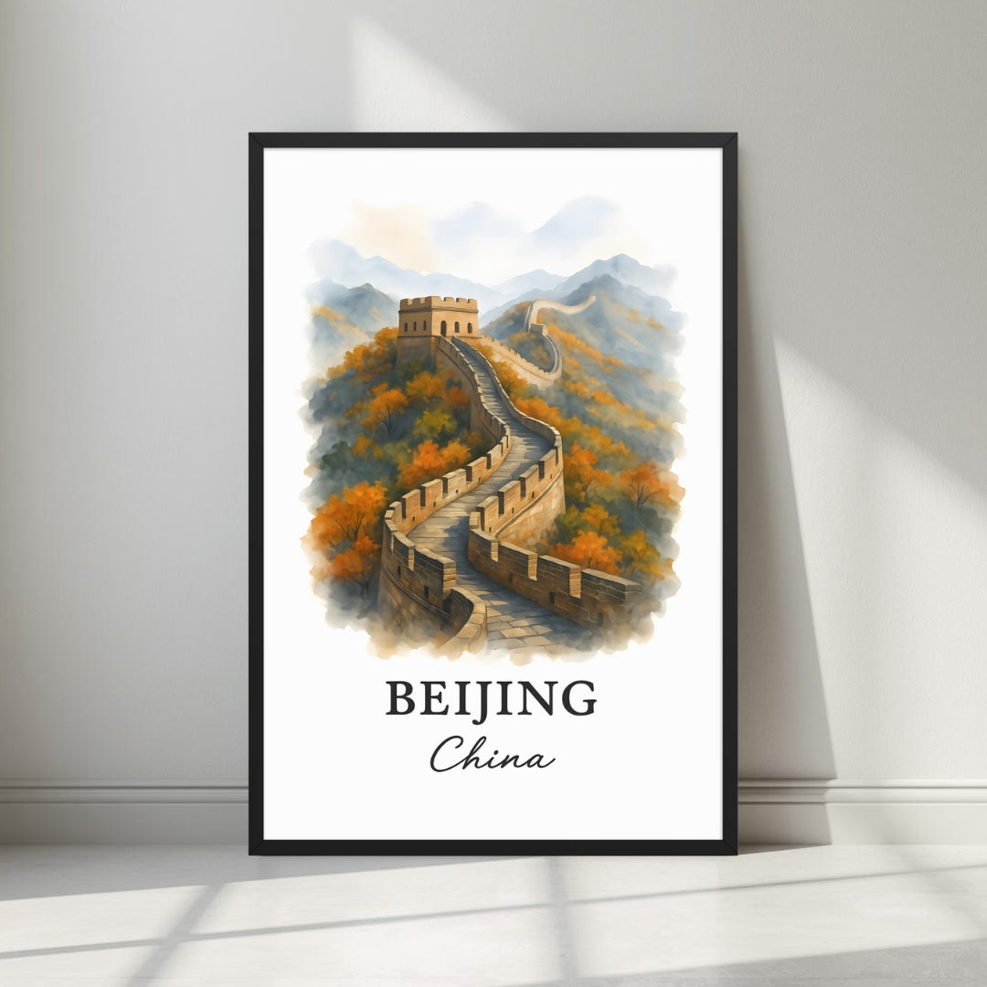 Framed art print of the majestic Great Wall of China winding through mountains in a sleek black Ayous wood frame. Ideal for luxury Asian or historical wall decor.