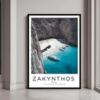 A framed art print of the iconic Greek beach with a classic black frame, adding a sleek and elegant touch to home decor.