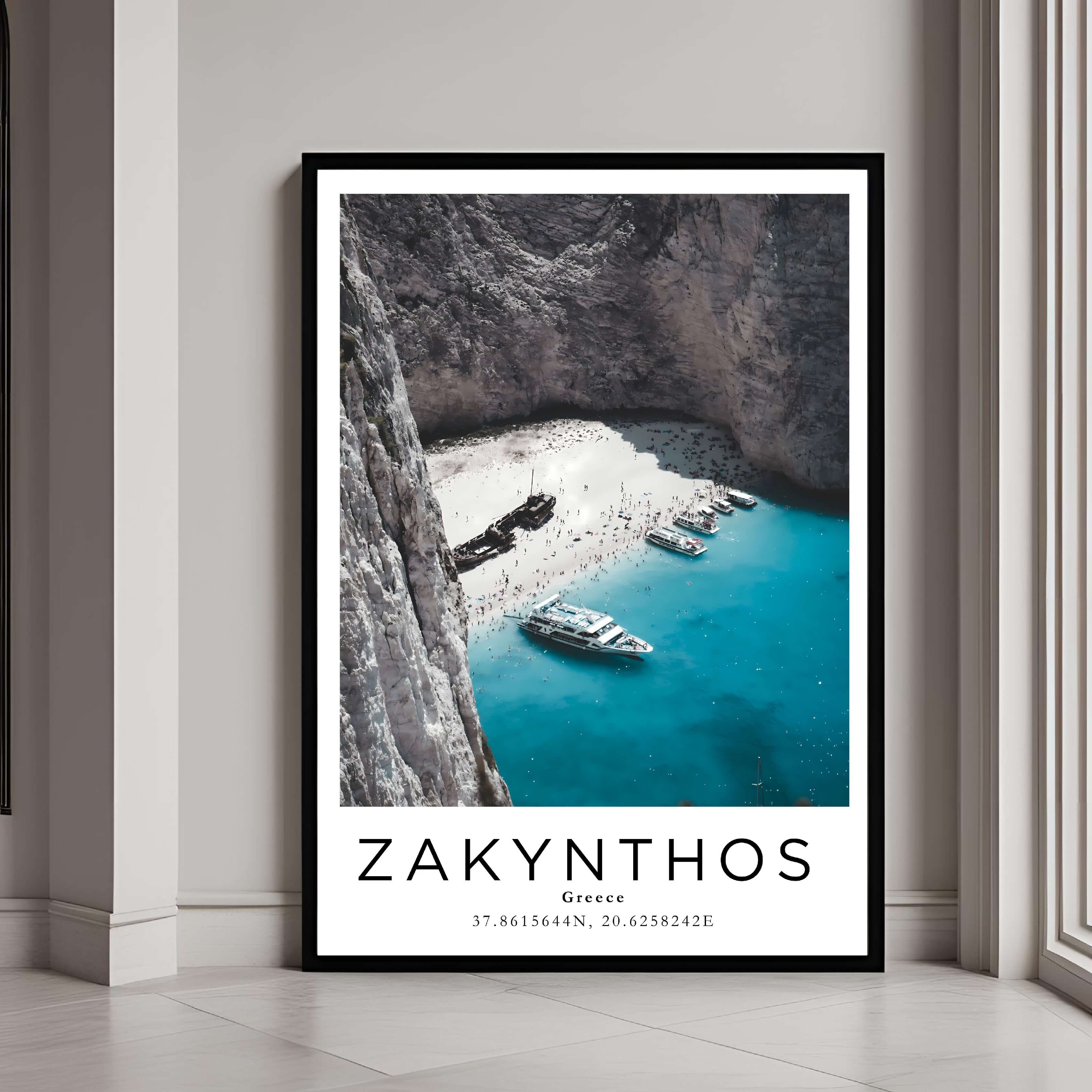 A framed art print of the iconic Greek beach with a classic black frame, adding a sleek and elegant touch to home decor.