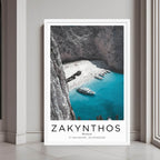 A framed wall art print of Navagio Beach with its famous shipwreck and minimalist white frame.