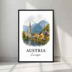 Framed art print of the picturesque Hallstatt village and lake in a sleek black Ayous wood frame. Ideal for luxury Austrian or scenic decor.