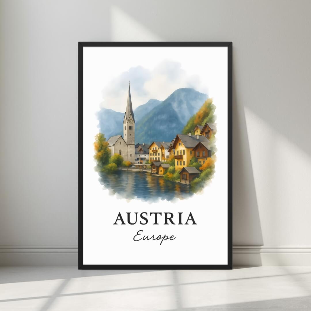 Framed art print of the picturesque Hallstatt village and lake in a sleek black Ayous wood frame. Ideal for luxury Austrian or scenic decor.