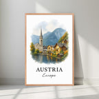 Framed Austrian print in a natural Red Oak wood frame. Emphasizes the warm tones of the houses against the cool blue lake.