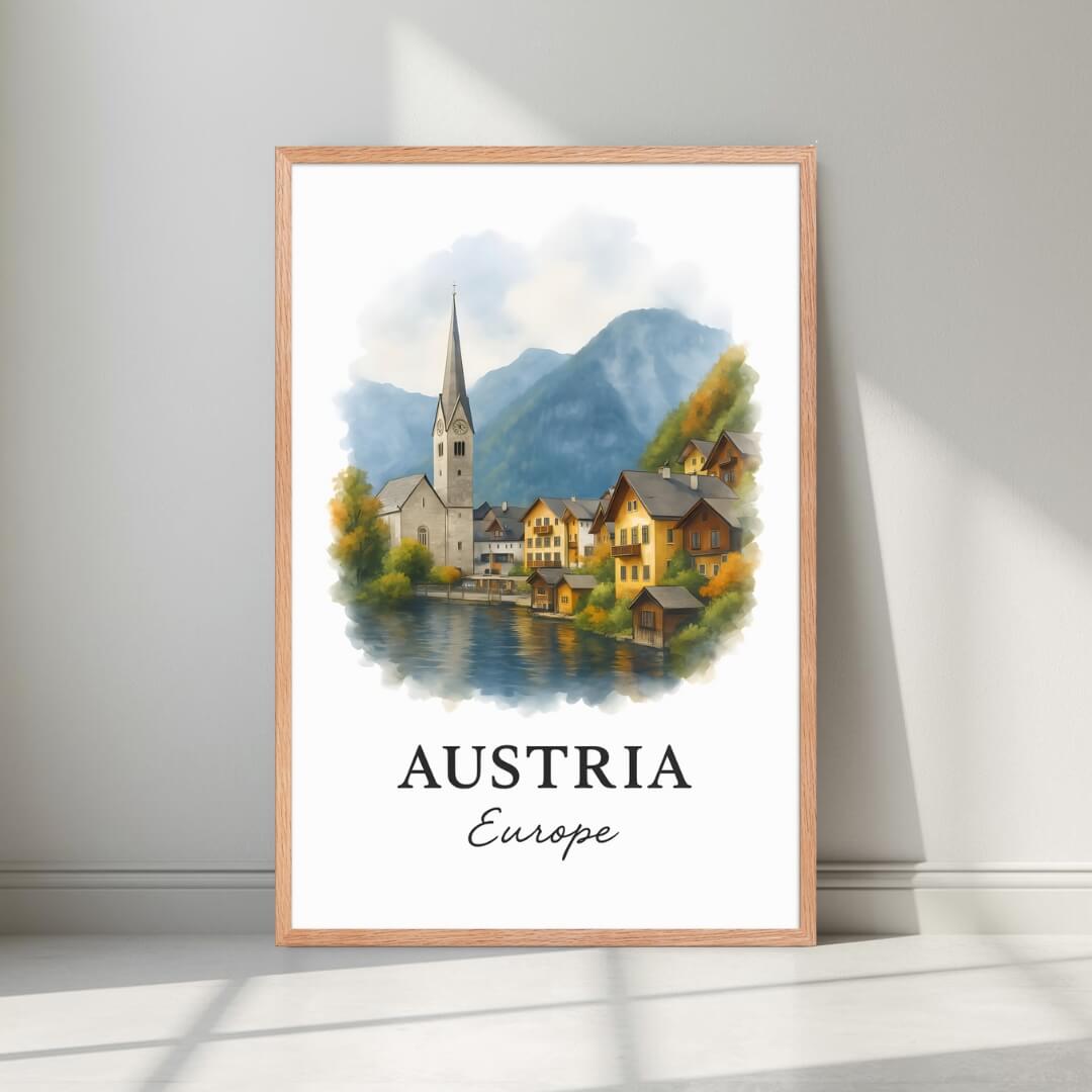 Framed Austrian print in a natural Red Oak wood frame. Emphasizes the warm tones of the houses against the cool blue lake.
