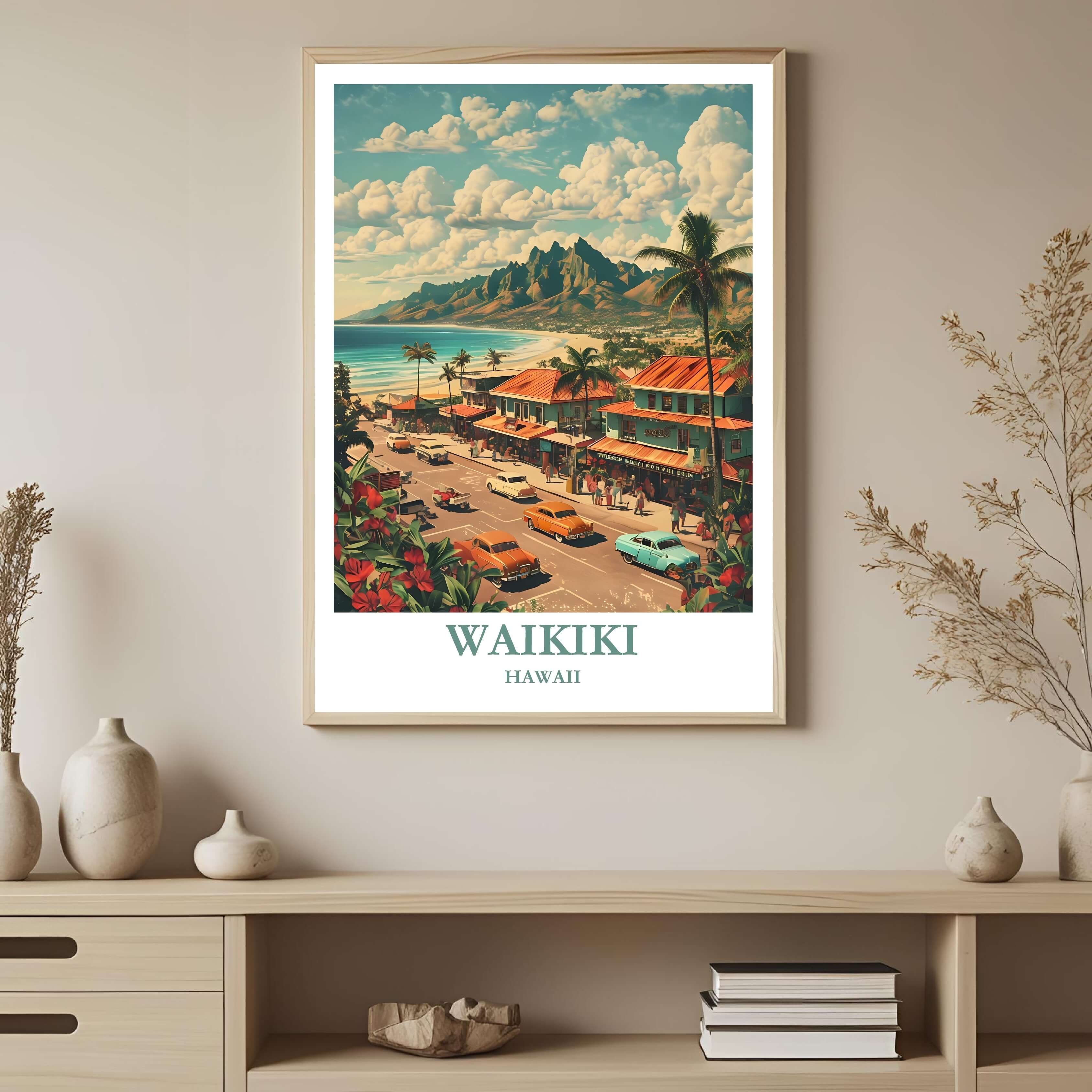 A high-quality framed poster featuring the name WAIKIKI, HAWAII and the famous tropical scene, perfect as a stylish travel gift or souvenir.