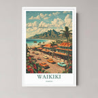 A framed art print of the Waikiki illustration with a minimalist white frame, emphasizing the bright blue sky and tropical colors of the island.